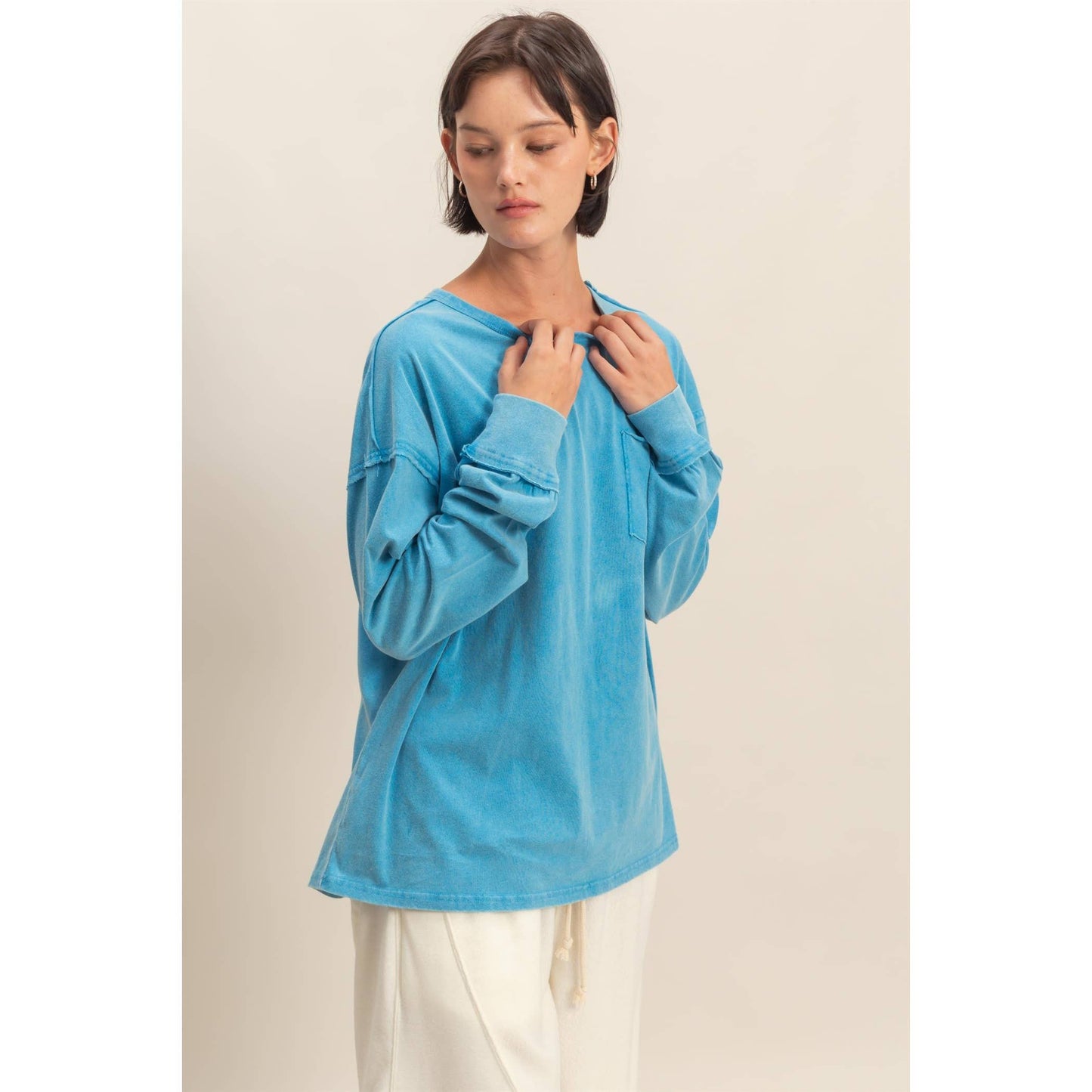 Oversized Washed Long Sleeve Pocket Tee: BLACK / S-M-L(2-2-2)