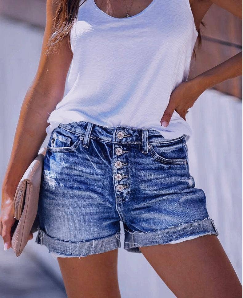 Stretch Button Denim Short: Blue / M