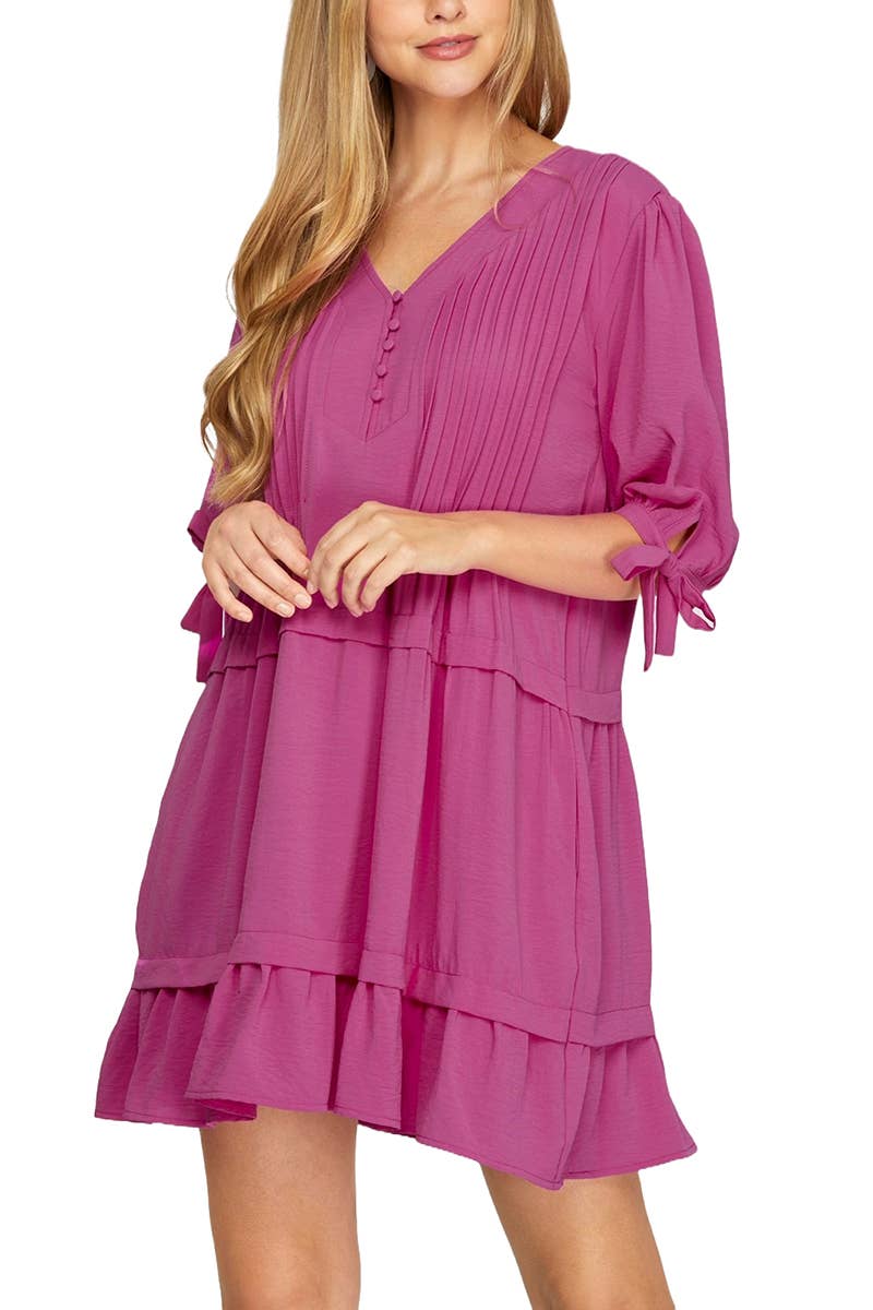 1/2 Sleeve Pintuck Detail Mini Dress With Pockets: R BLUE / 2-2-2 (S-M-L)