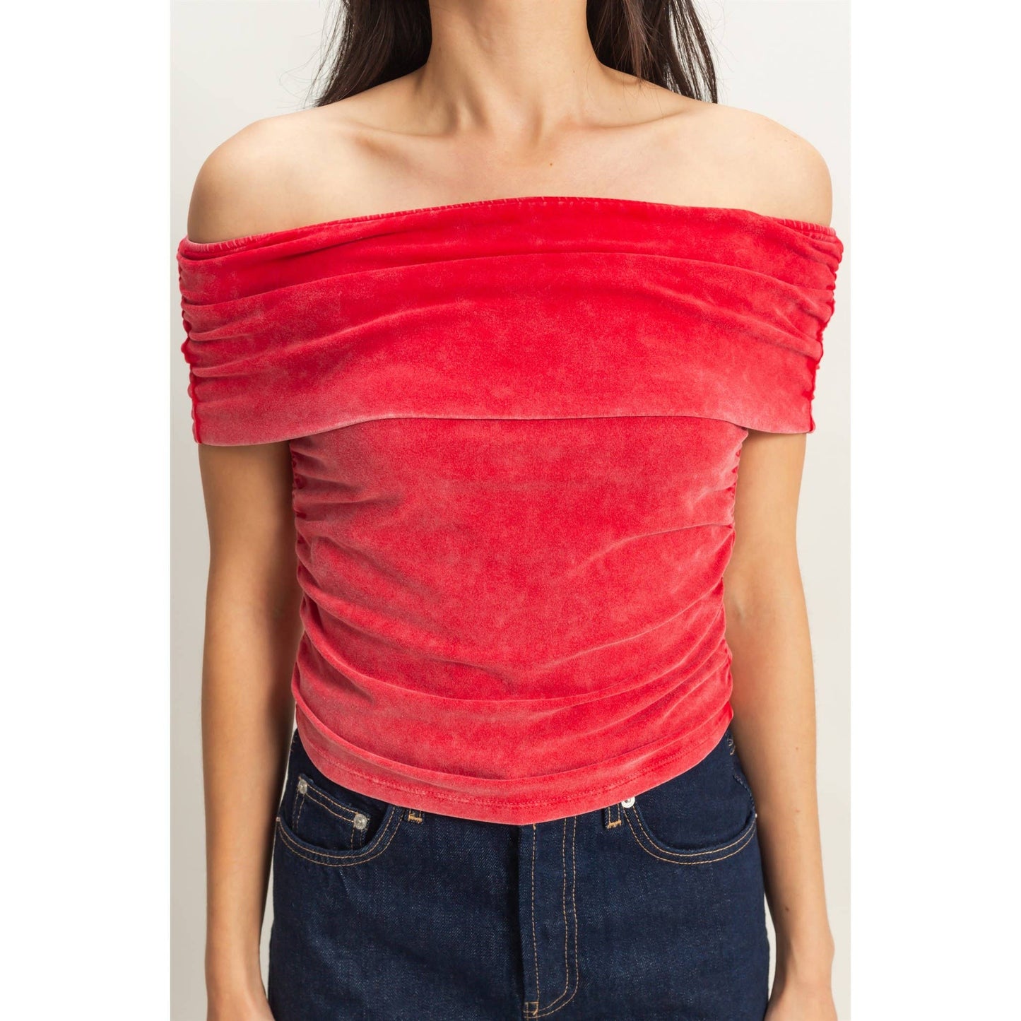 Off-The-Shoulder Side Ruched Top: RED / S-M-L(2-2-2)