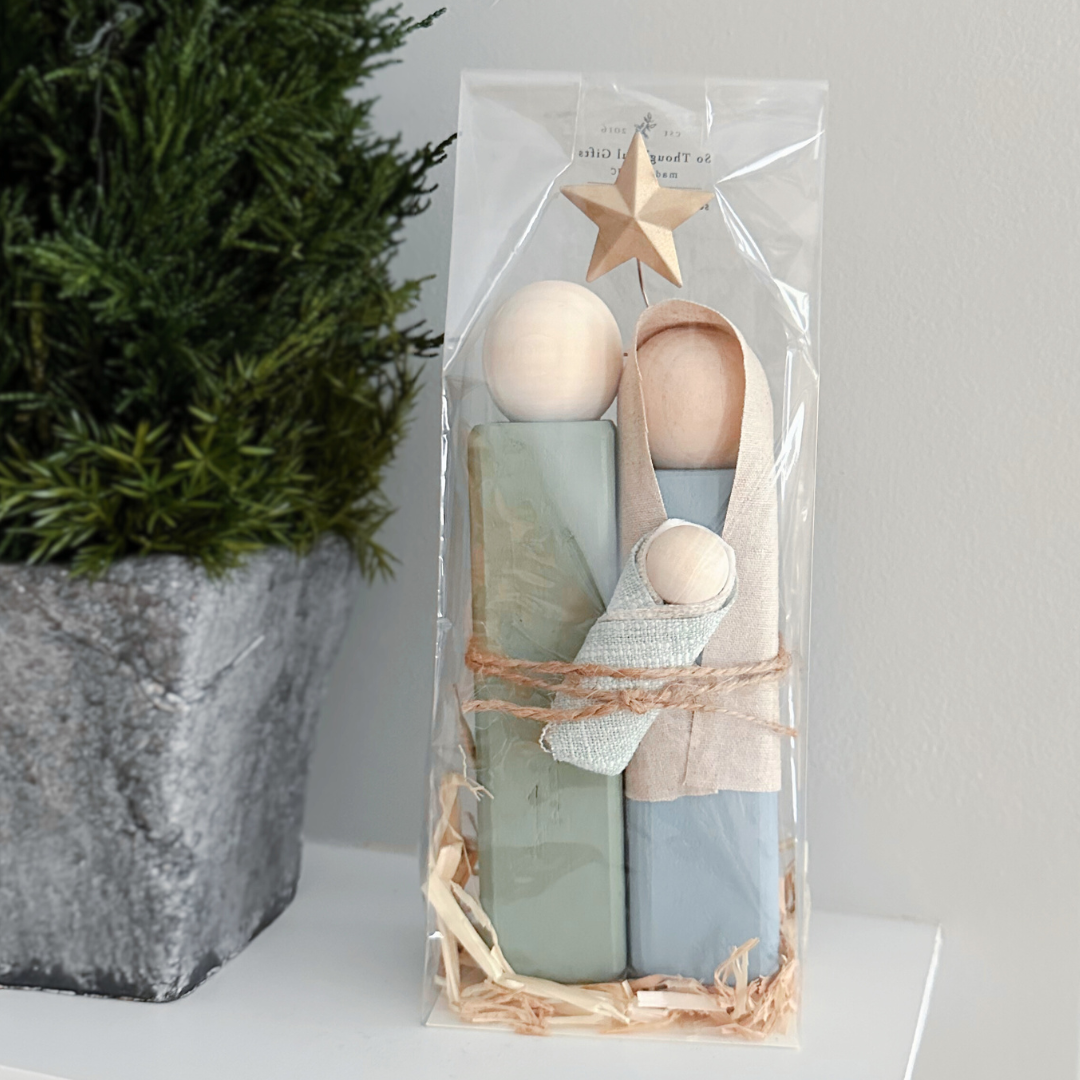 Simple Wooden Nativity Set | Hand-painted | Gift Wrapped: Gray & White