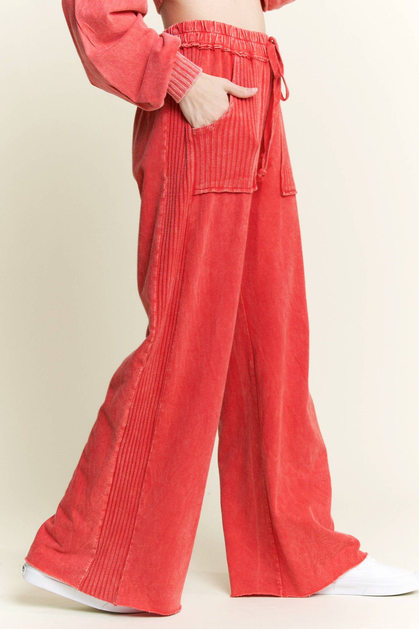 Mineral Wash Side Knit detail wide leg pants HE5878P..: Burgundy / S-M-L / 2-2-2