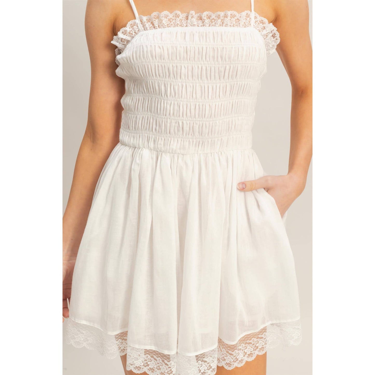 Smocked Lace Trim Romper: CREAM / S-M-L(2-2-2)