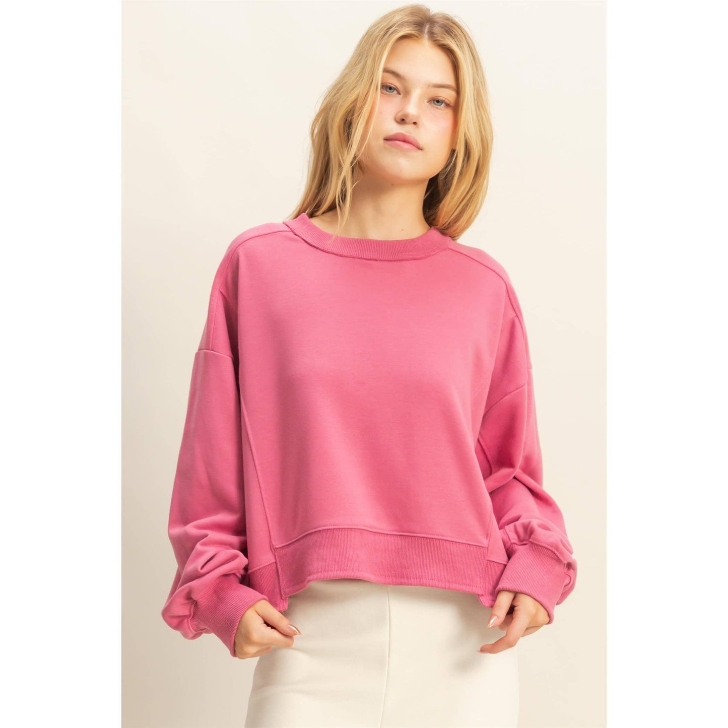 Layered Hem Sweatshirt With Raw Edges: MOSS GREEN / S-M-L(2-2-2)