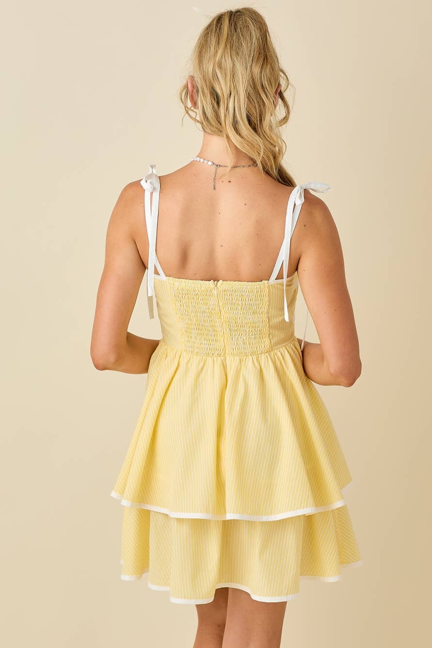 Ribbon shoulder strap with contrast binding dress: BLUE/BLACK / M
