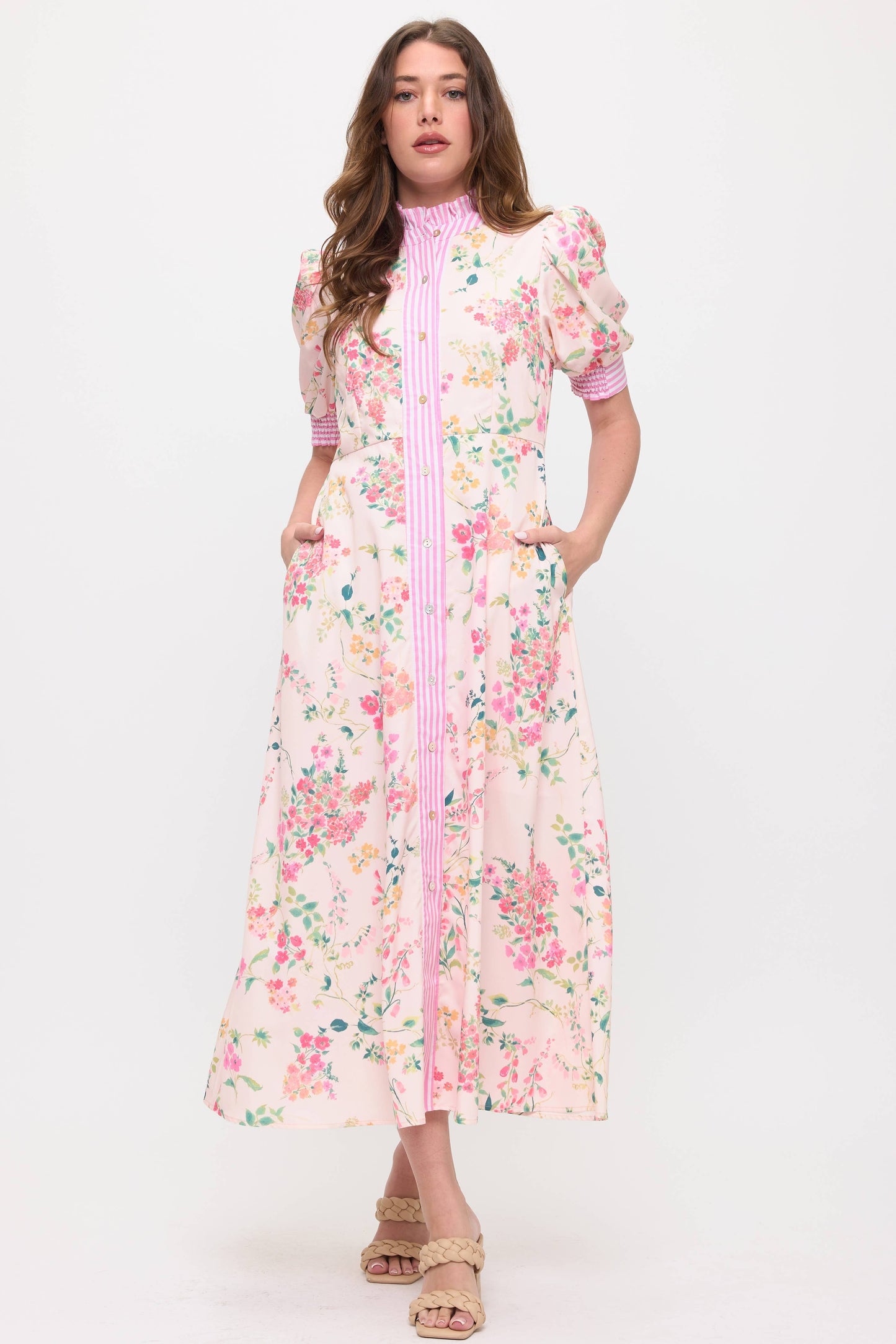Floral Shirt Midi Dress: Light Pink / 2 S - 2 M - 2 L - 2 XL