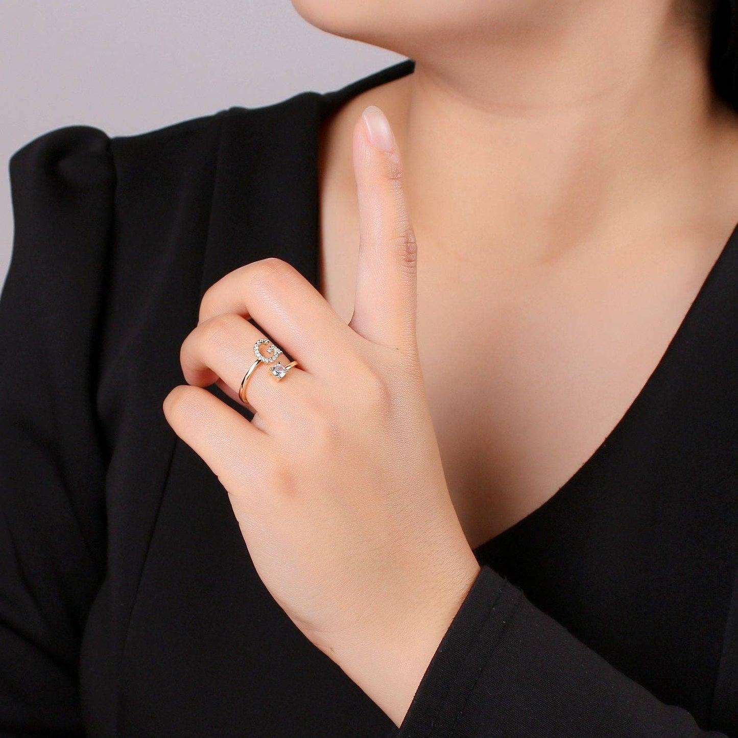 Adjustable Gold Initial Ring With CZ R370~R395: S