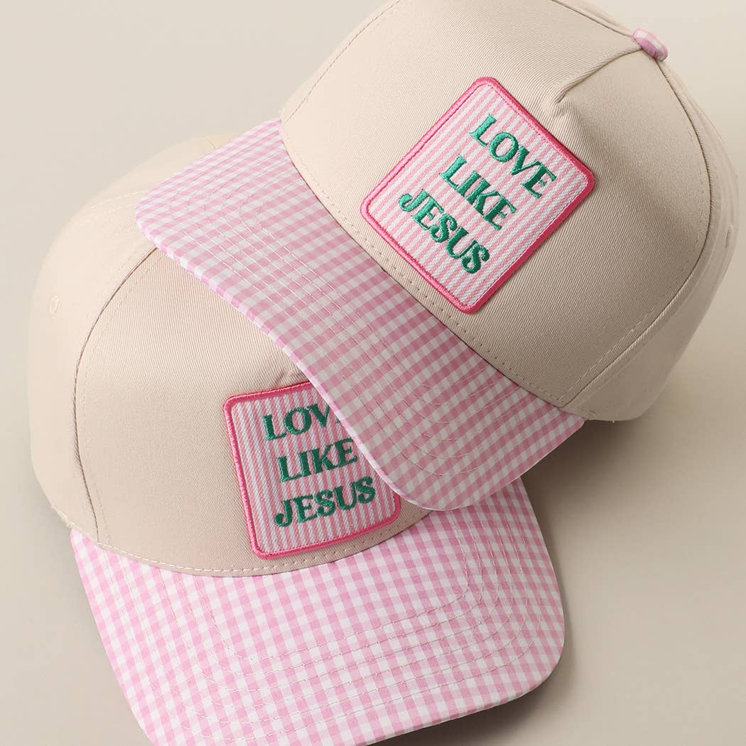 LOVE LIKE JESUS Embroidered Patch Gingham Trucker Hat: PINK / ONE SIZE