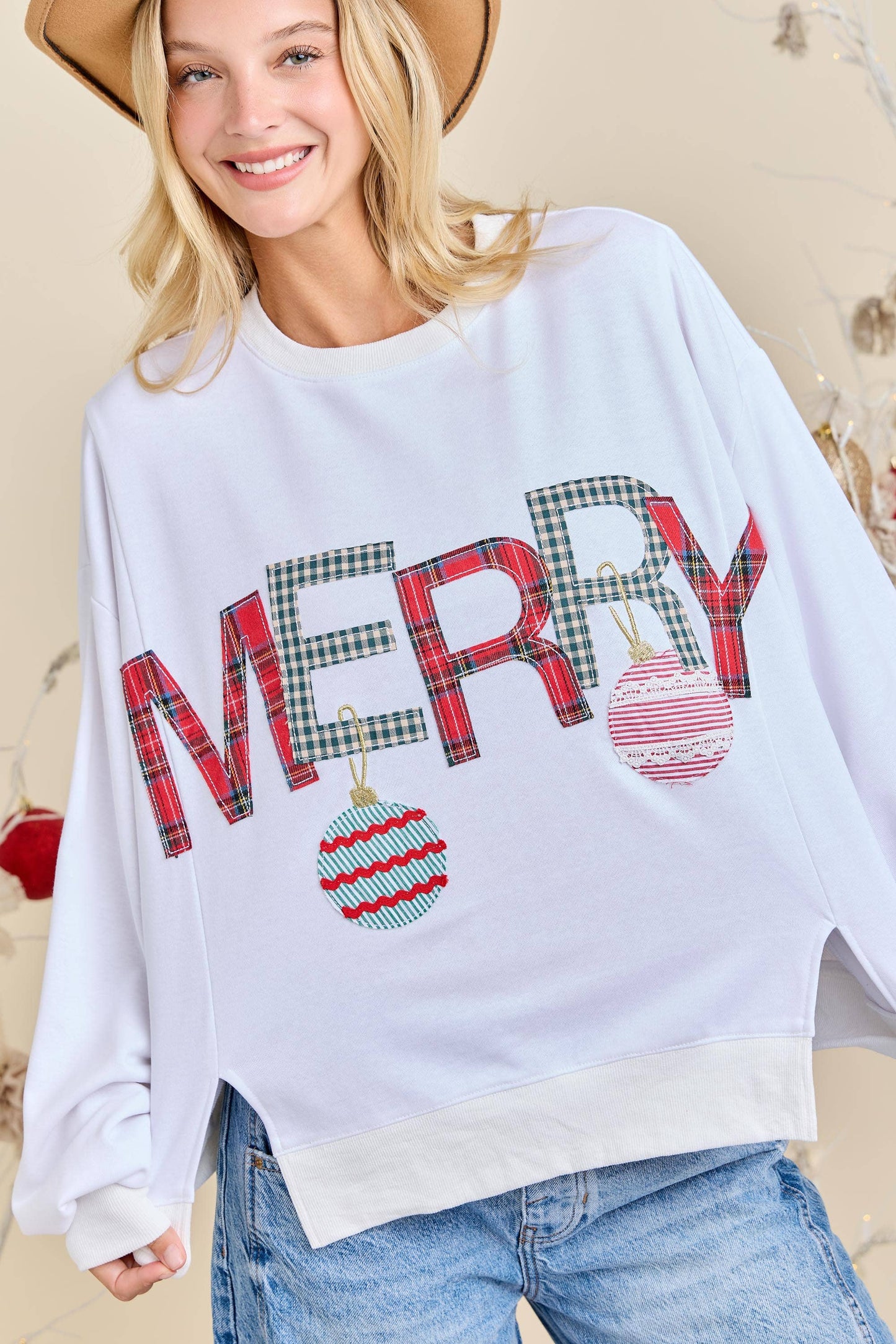 Merry With Ornament Patchwork Oversized Long Sleeve Top: HUNTER GREEN / M