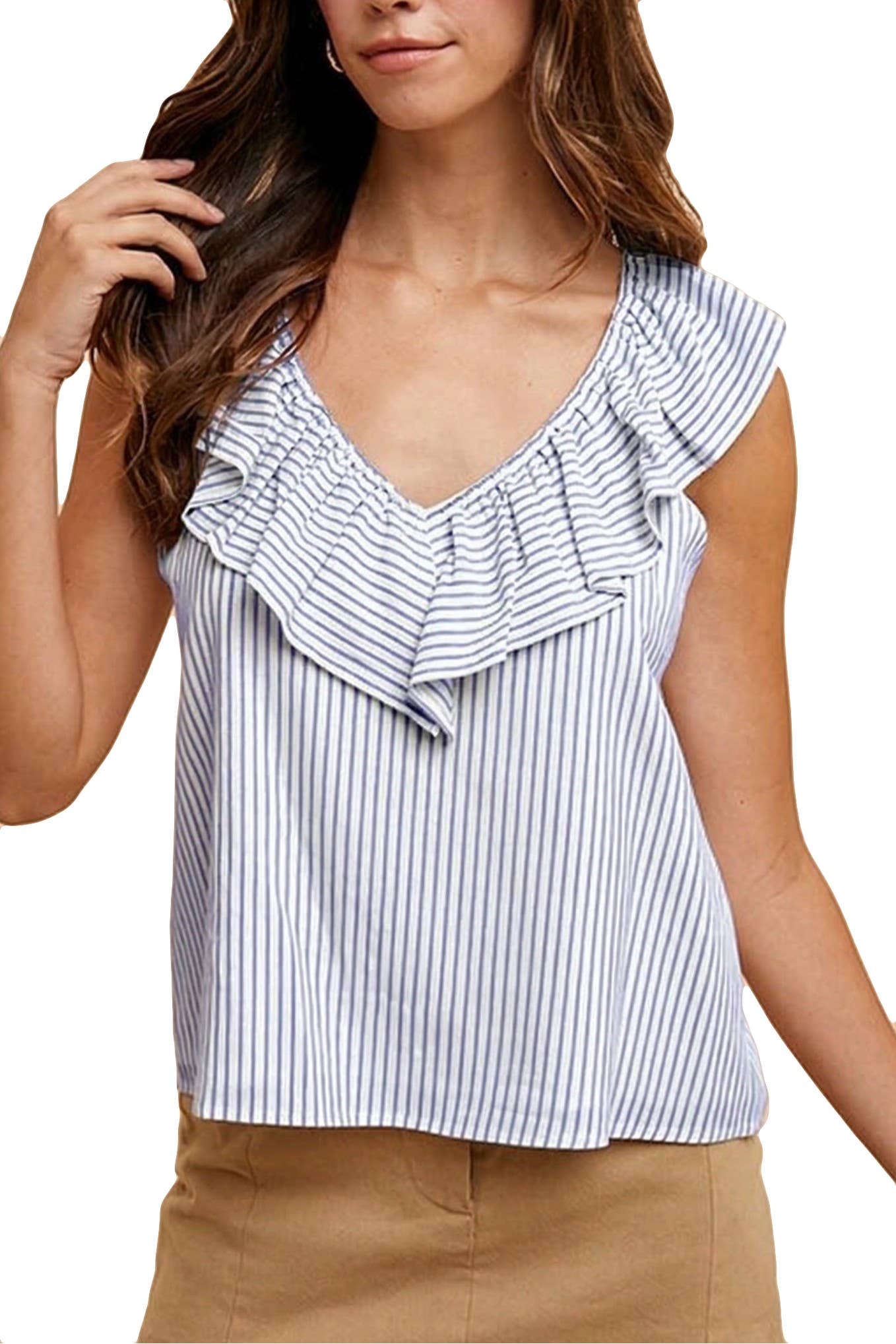 Pin Stripe Ruffled V-neck Sleeveless Blouse: NAVY / 2-2-2-2(S-M-L-XL)