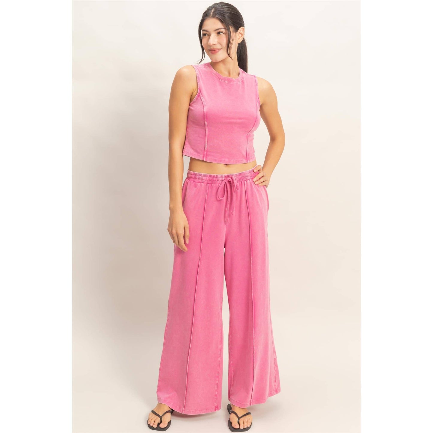 Mineral Washed Sleeveless Top & Wide Leg Pants Set: DARK TEAL / S-M-L(2-2-2)