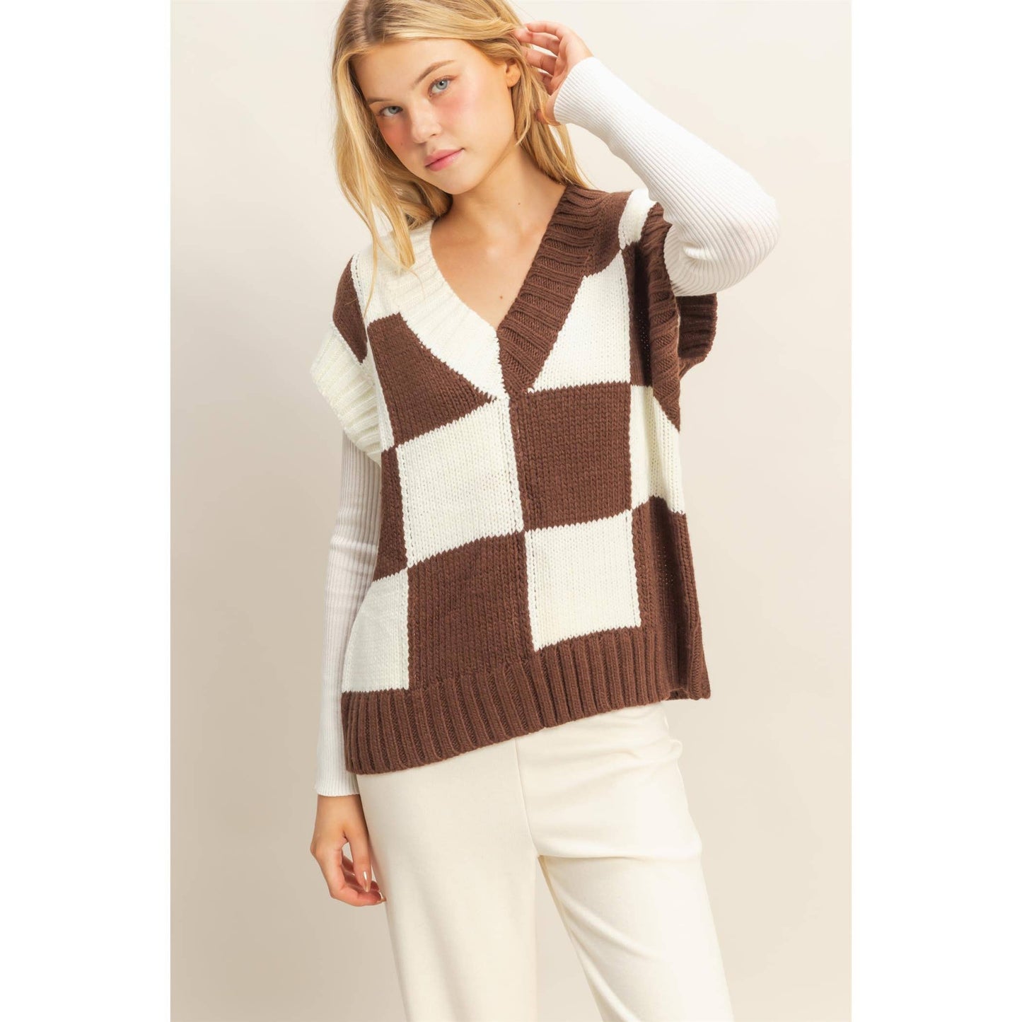 Checkered Sweater Vest: HOT PINK / S-M-L(2-2-2)