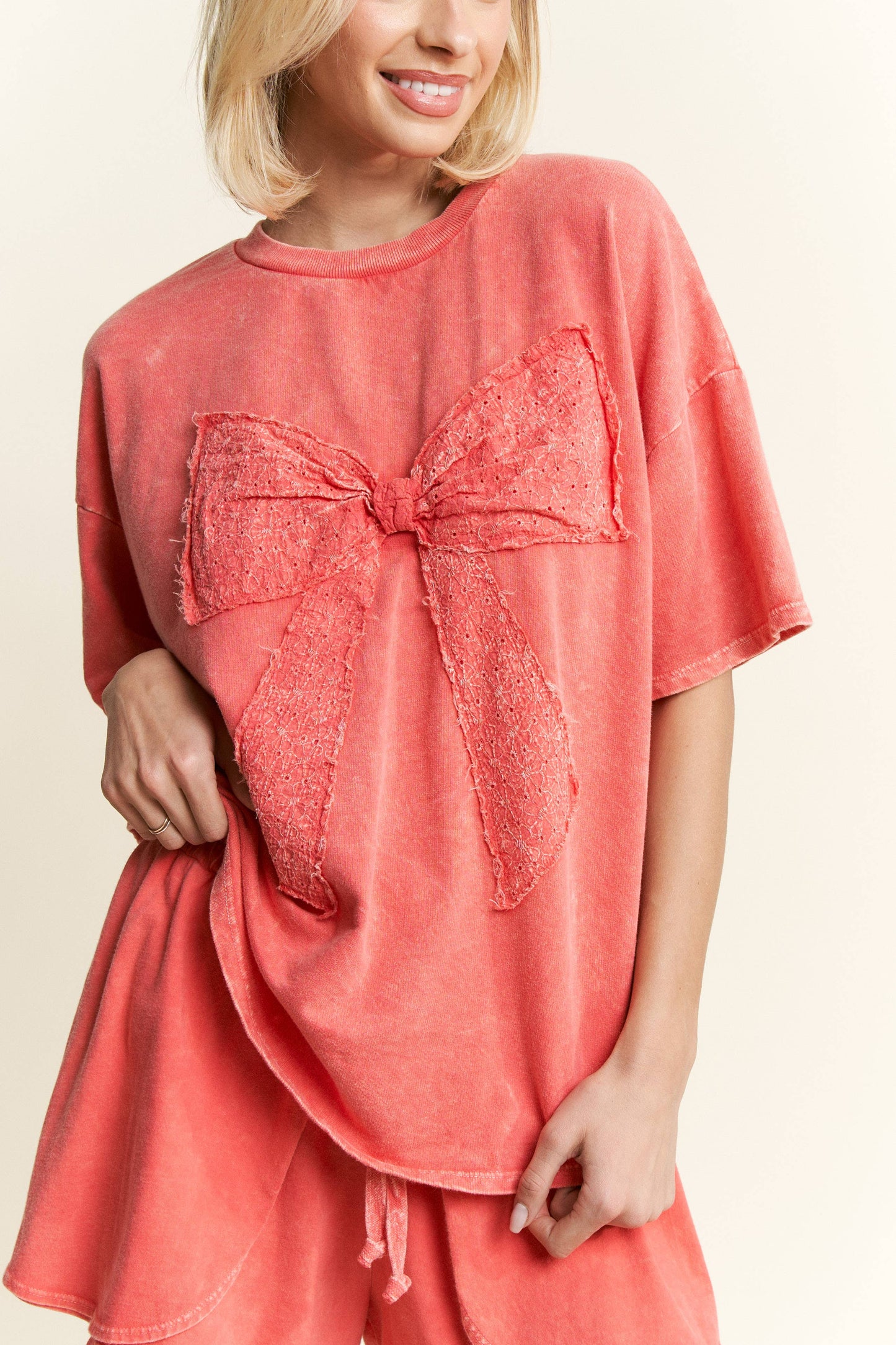 MineralWash Ribbon bow half sleeve shirt HT6308: Silver Grey / S-M-L / 2-2-2