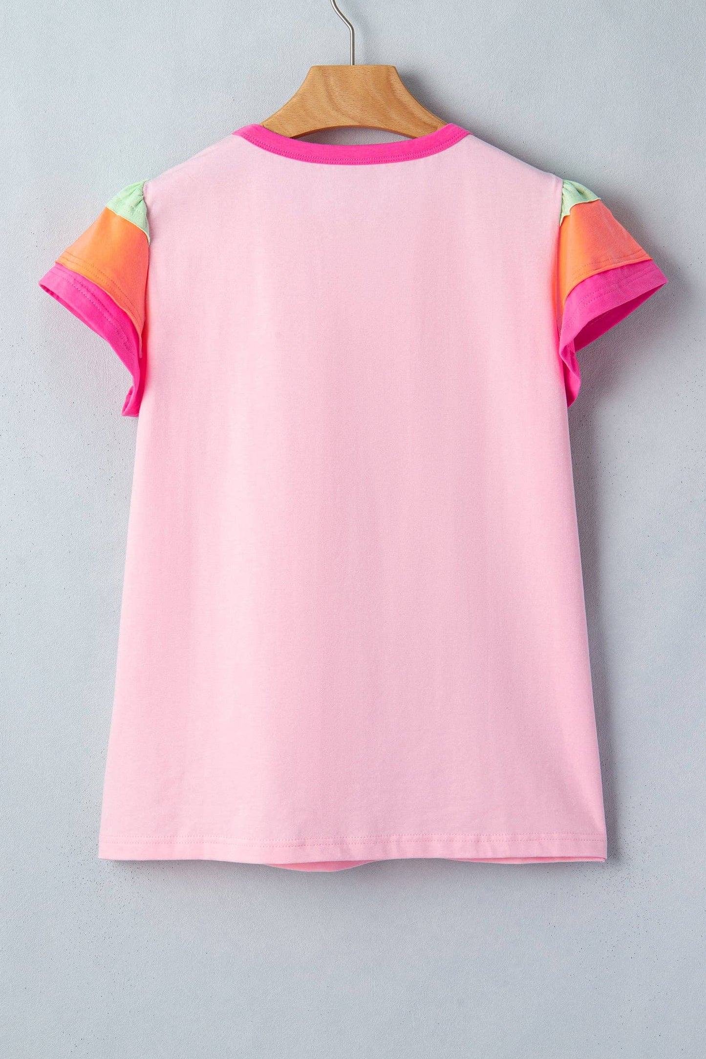 Pink Colorblock Flutter Sleeve Round Neck T Shirt: Pink / 95%Cotton+5%Elastane / M