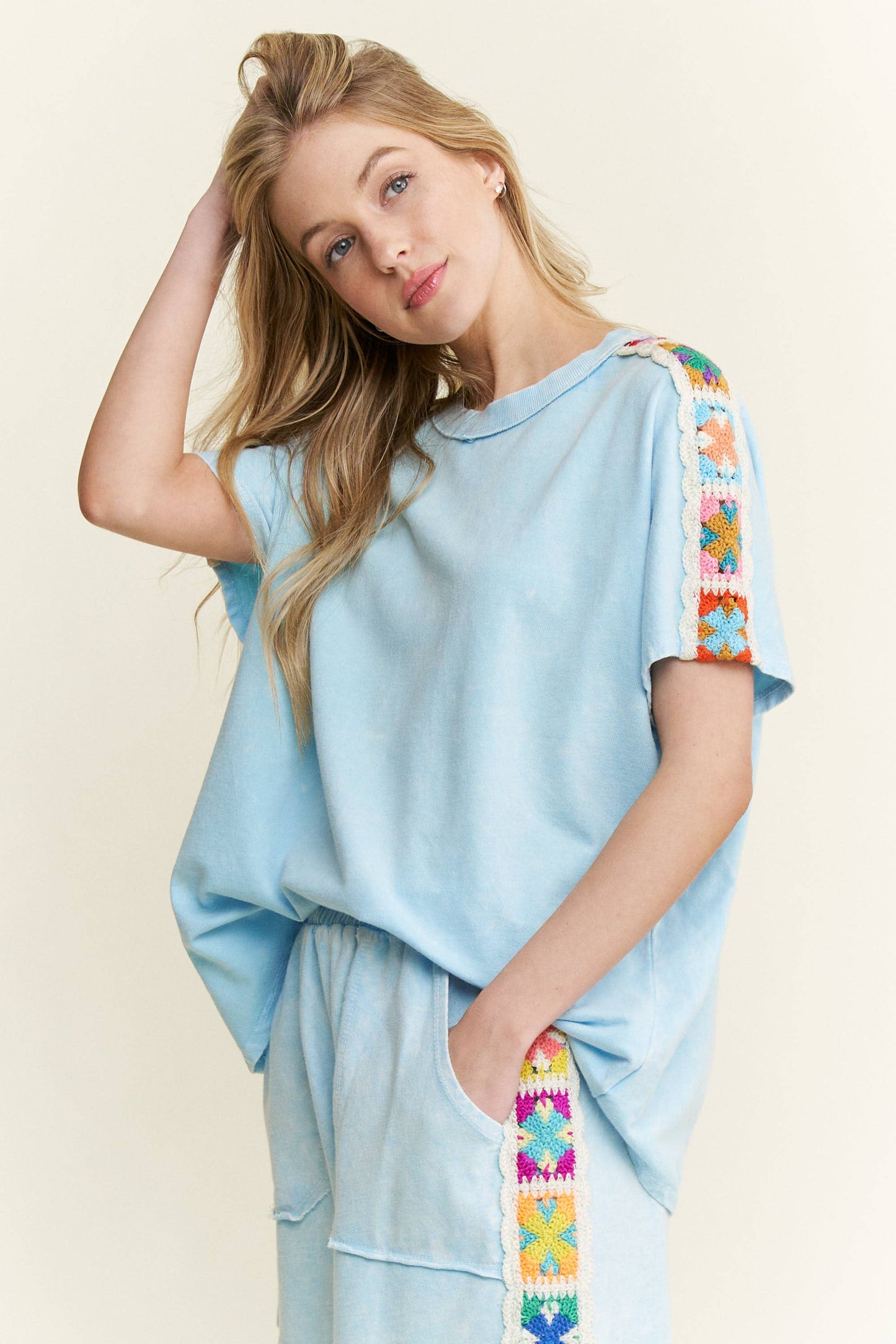 Mineral Washed Crochet patch side trim Knit top HT6395: Natural / S-M-L / 2-2-2