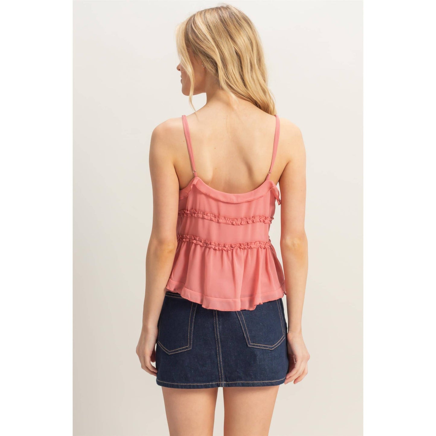 HF25E382-Chiffon Sleeveless Ruffled Cami Top: GREEN / S-M-L(2-2-2)