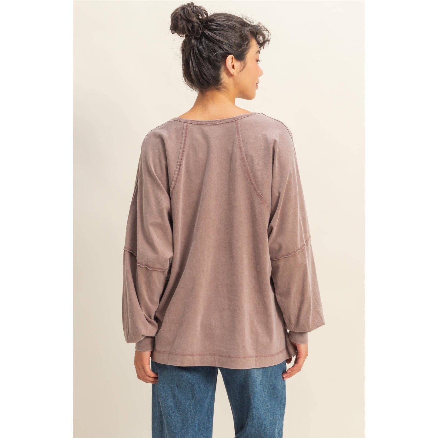 Washed Oversized Long Sleeve Top With Slit: TAFFY PINK / S-M-L(2-2-2)
