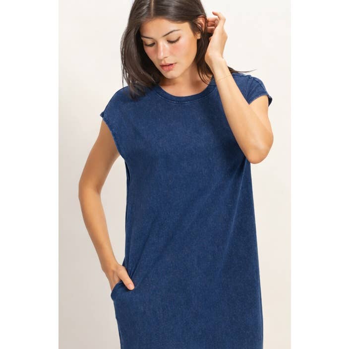Mineral Wash Cap Sleeve Midi Dress: CHOCOLATE / S-M-L(2-2-2)