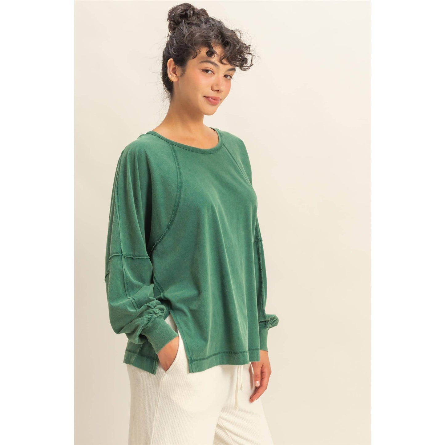 Washed Oversized Long Sleeve Top With Slit: BLACK / S-M-L(2-2-2)