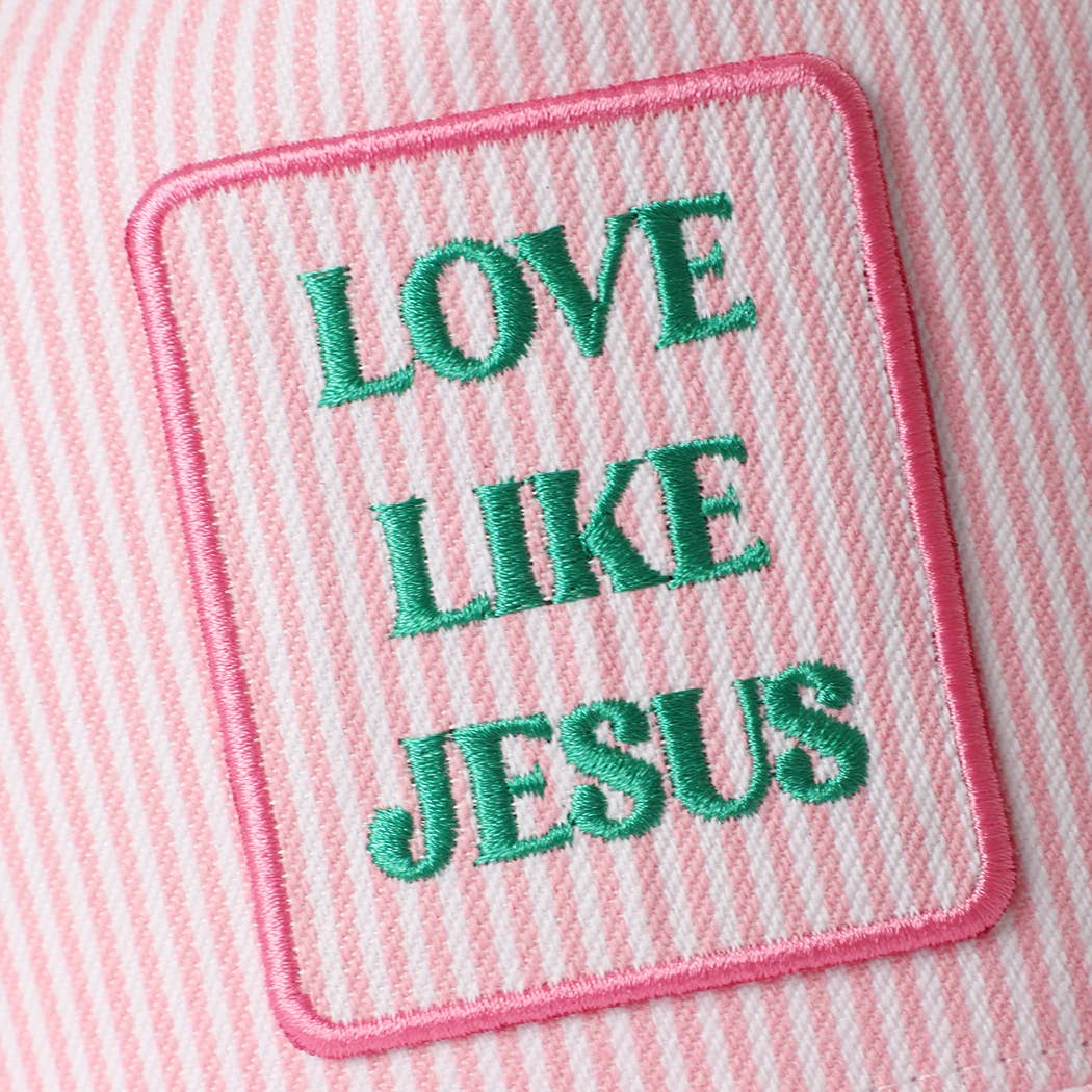 LOVE LIKE JESUS Embroidered Patch Seersucker Trucker Hat: PINK / ONE SIZE
