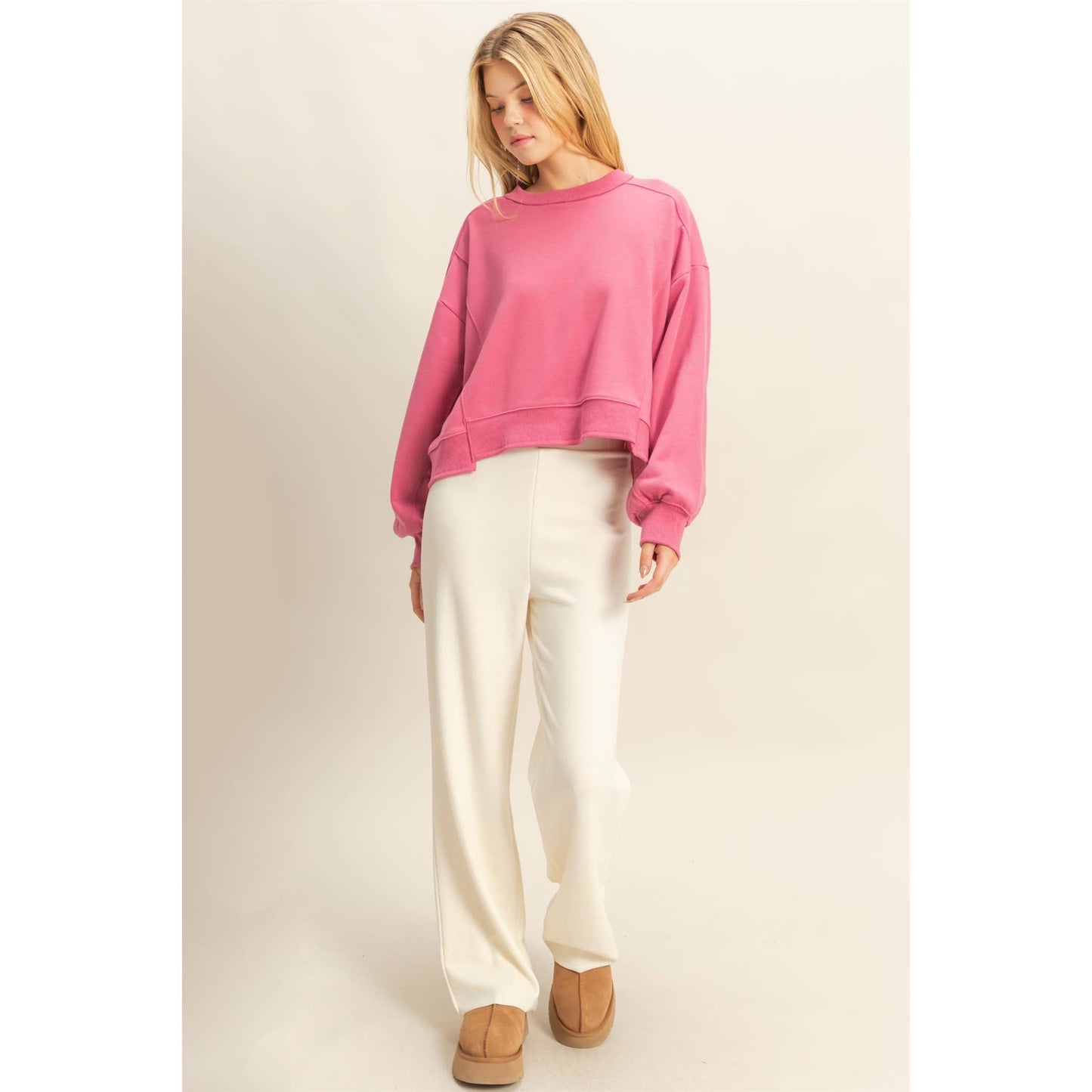 Layered Hem Sweatshirt With Raw Edges: MOSS GREEN / S-M-L(2-2-2)