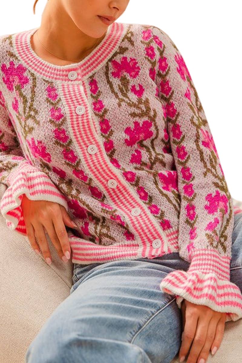 Floral Intarsia Button Up Sweater Cardigan: LAVENDER / 3-2-1 (S-M-L)
