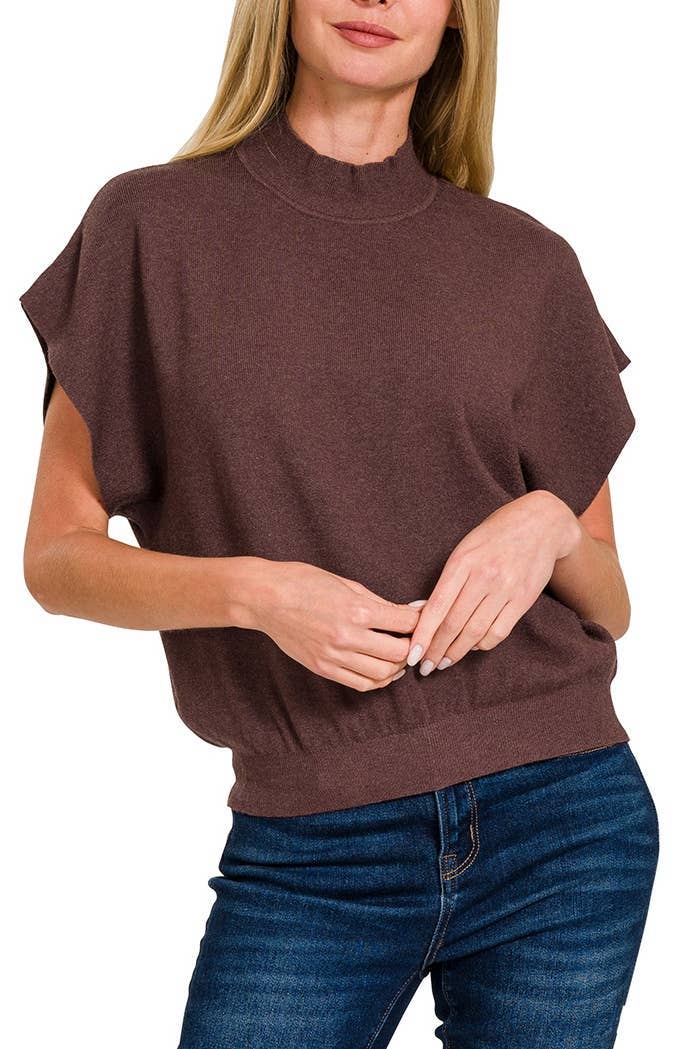 Mock Neck Short Dolman Sleeve Sweater: H MAHOGANY / 2-2-2 (S-M-L)