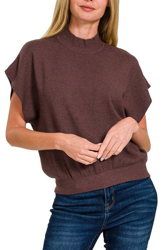 Mock Neck Short Dolman Sleeve Sweater: H MAHOGANY / 2-2-2 (S-M-L)