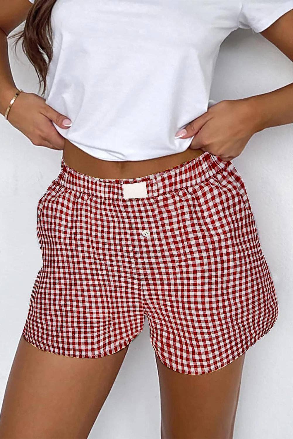 Red Gingham High Waisted Elastic Waist Summer Shorts: Red Stripe / 100%Polyester / 2XL