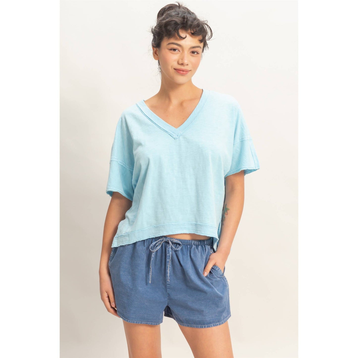 Oversized V-Neck Short Sleeve Top: WHIP CREAM / S-M-L(2-2-2)