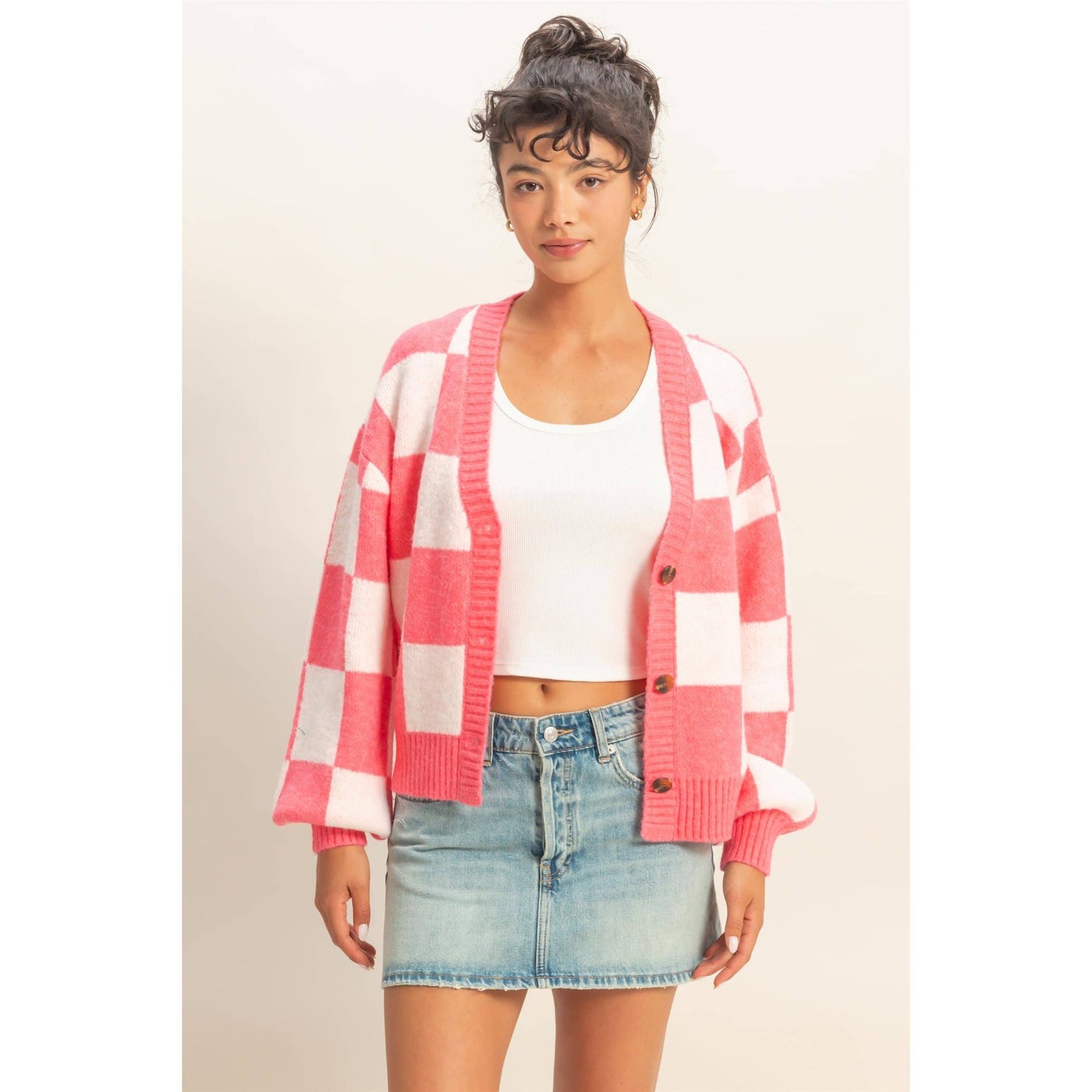 Checkered Button Front Cardigan Sweater: EMERALD/CREAM / S-M-L(2-2-2)