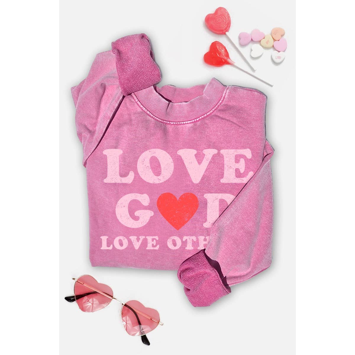 LOVE GOD LOVE OTHERS MINERAL GRAPHIC SWEATSHIRTS: MINERAL HOT PINK / S-M-L-XL(1-2-2-1)