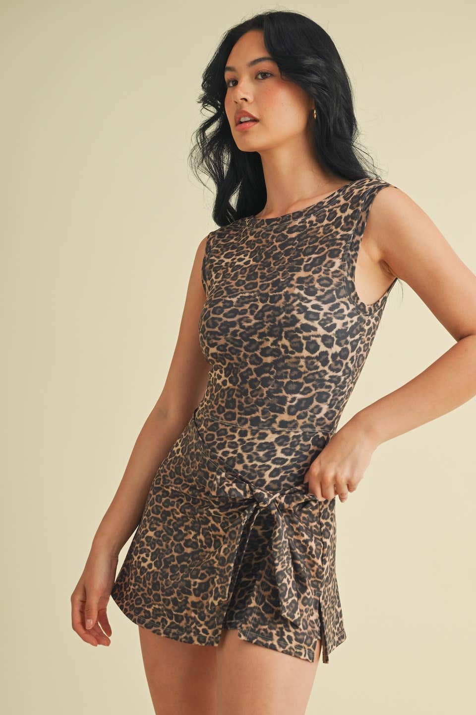 Leopard Print Sleeveless Wrap Tie Front Dress : Leopard / L