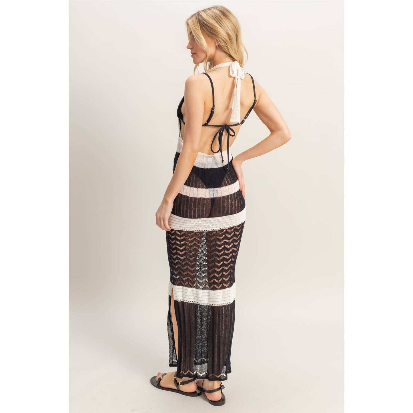 Crochet Striped Halter Coverup Maxi Dress: BLACK / S-M-L(2-2-2)