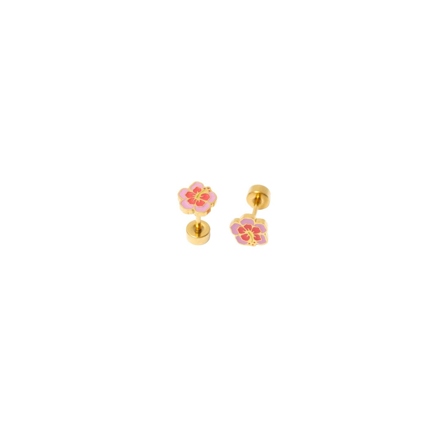 Hibiscus Stud Earrings -Hypoallergenic, Flat Back, Girl Gift: Pair