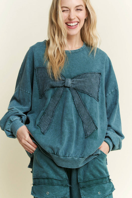 I'm a gift for you Waffle Ribbon bow terry top HT6129: Midnight Green / S-M-L / 2-2-2