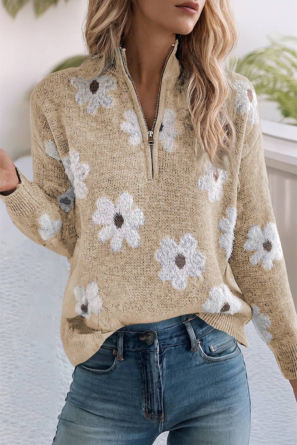 LDC Floral Pattern Drop Shoulder Half Zip Sweater: Green / Missy / S