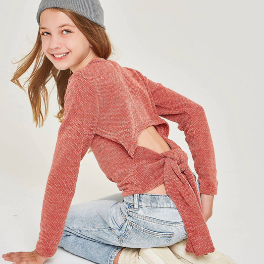 Self-Tie Open Back Chunky Knit Sweater: MAUVE / M