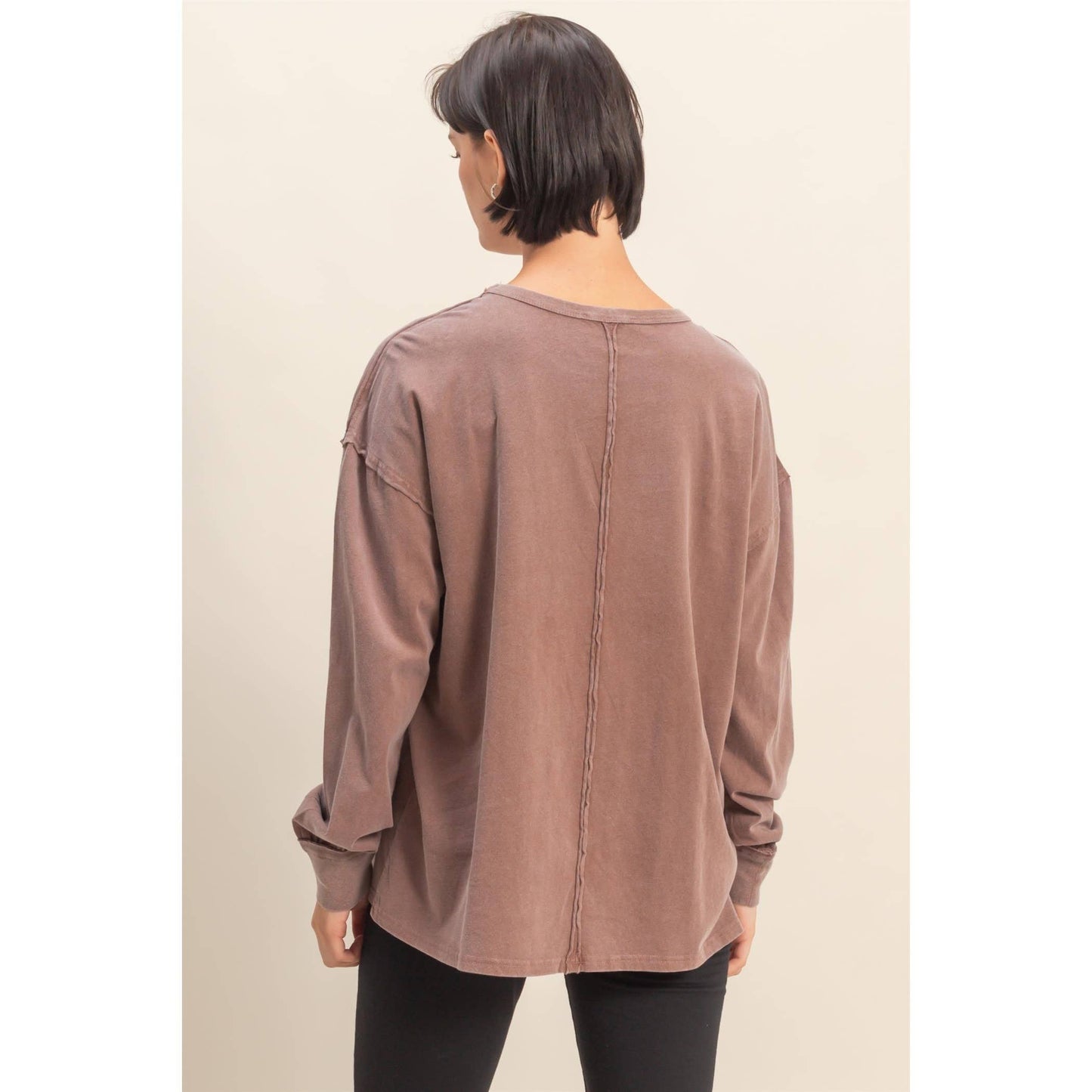 Oversized Washed Long Sleeve Pocket Tee: BLACK / S-M-L(2-2-2)