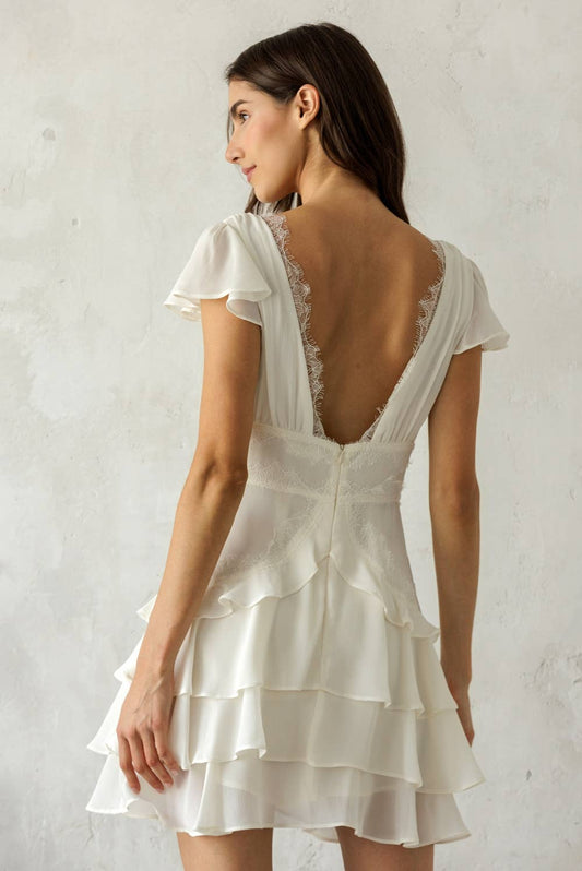 JD7934B- LACE TRIM TIERED MINI DRESS: IVORY / S