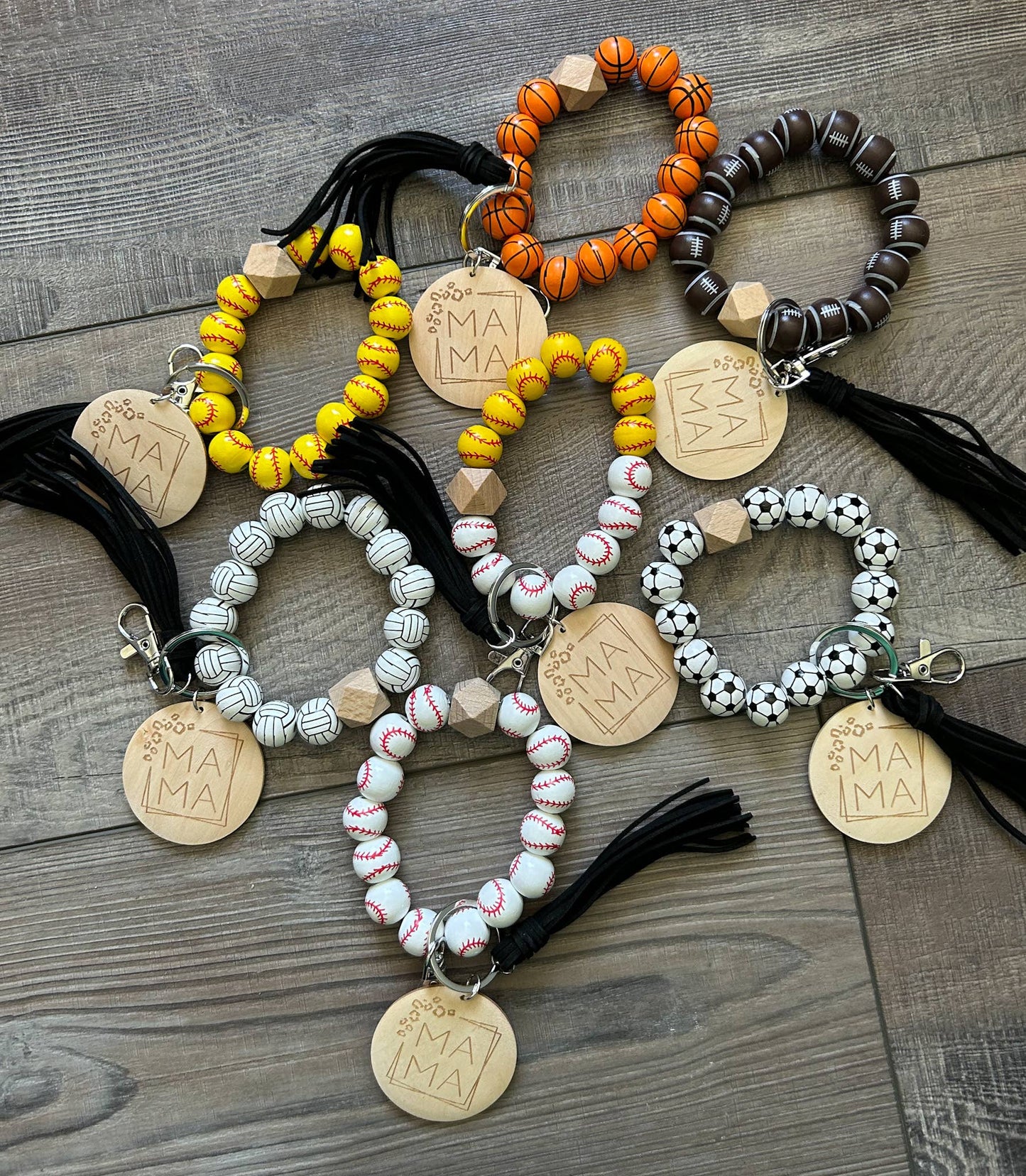 Mama Sports Keychain with Wooden Beads: Baseball/Softball Mix