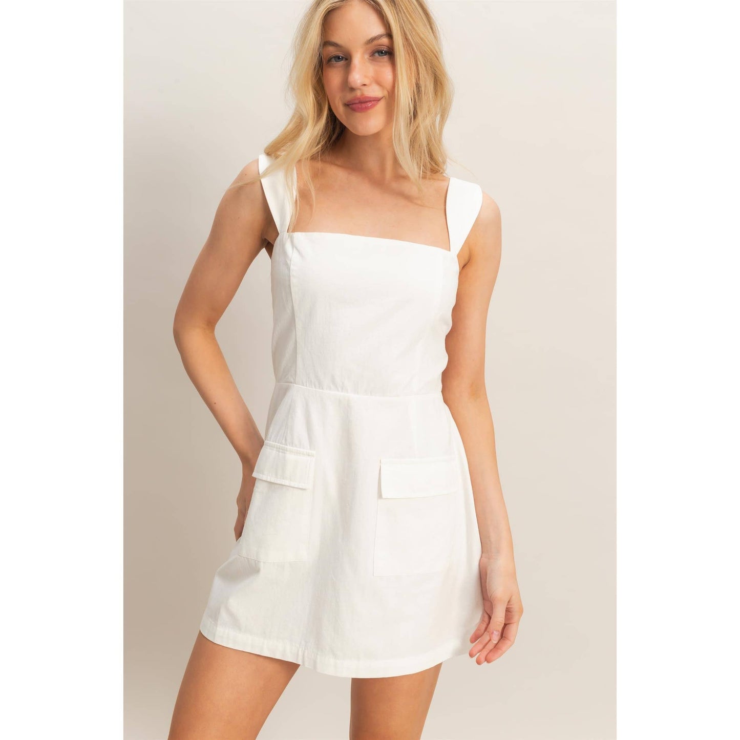 Square Neck Mini Dress: WHITE / S-M-L(2-2-2)