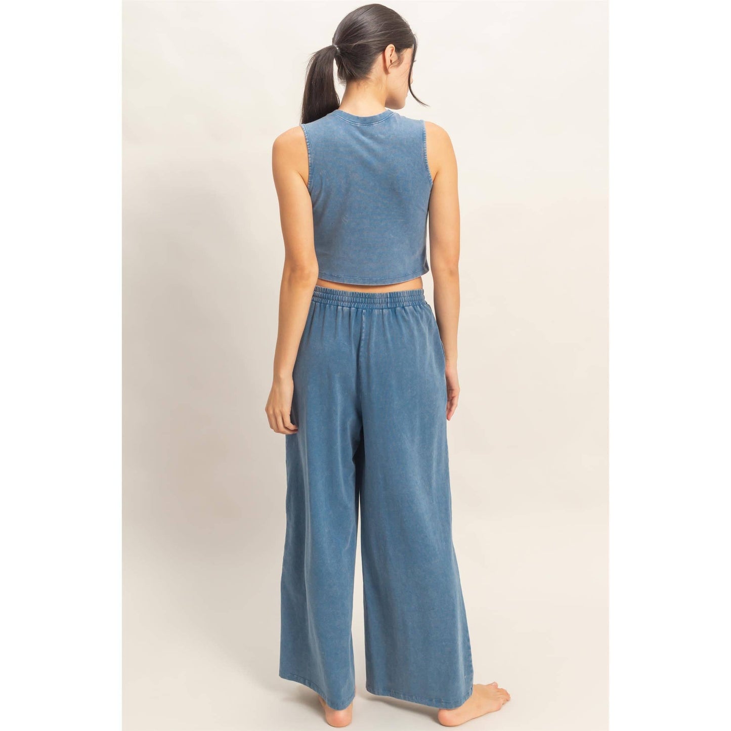 Mineral Washed Sleeveless Top & Wide Leg Pants Set: DARK TEAL / S-M-L(2-2-2)