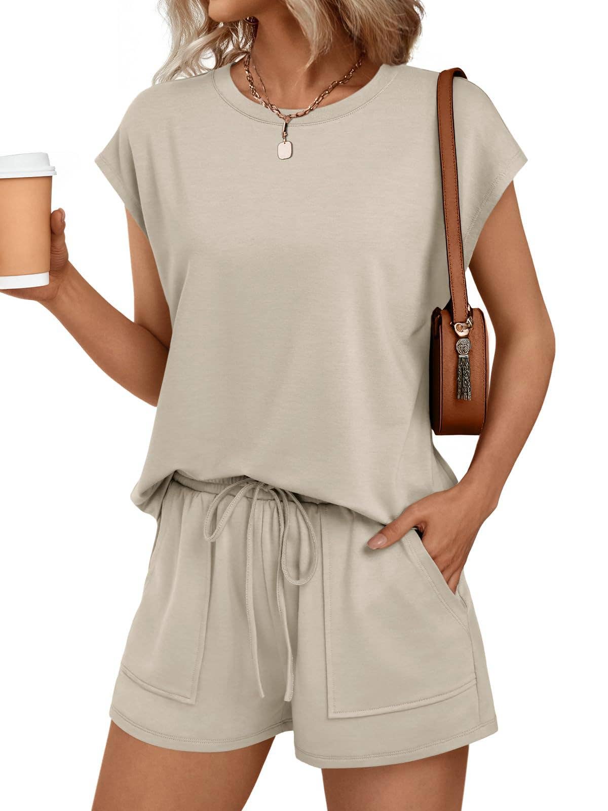 Womens Black Lounge Set Cap Sleeve Top and Shorts: Rose Red / 65%Polyester+30%Viscose+5%Elastane / M