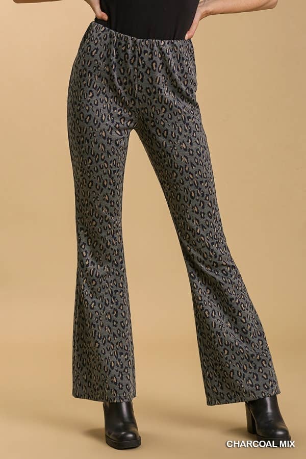 Animal Print Stretch Bell Bottom Pants With Elastic Waistban: MOCHA MIX / 2-2-2 (S-M-L)