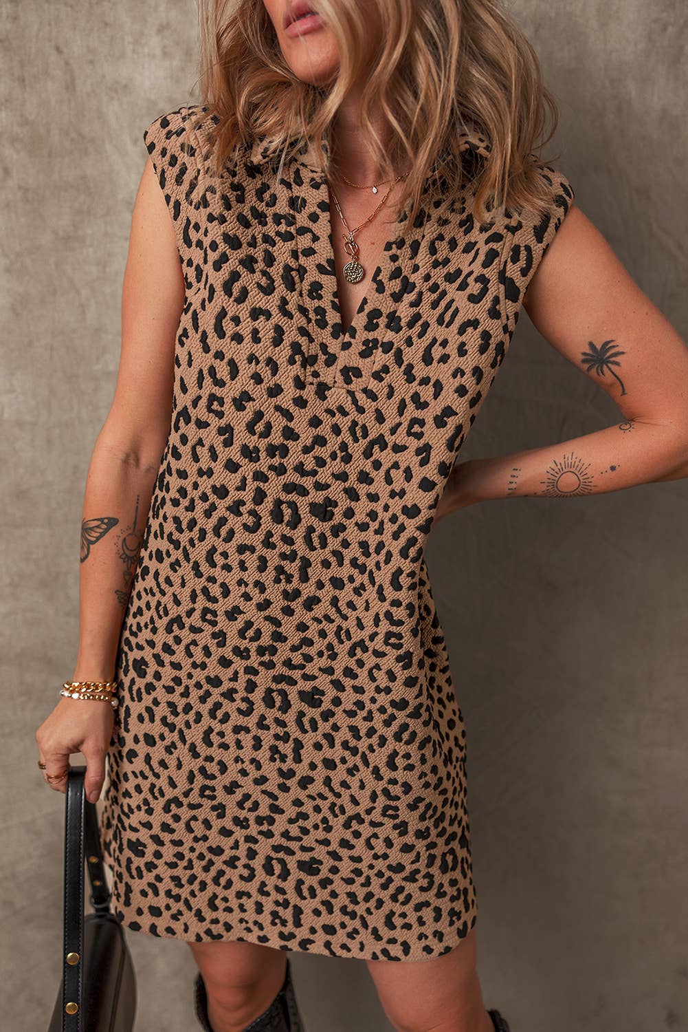 LDC Leopard Print V Neck Sleeveless Collared Mini Dress: Khaki / S