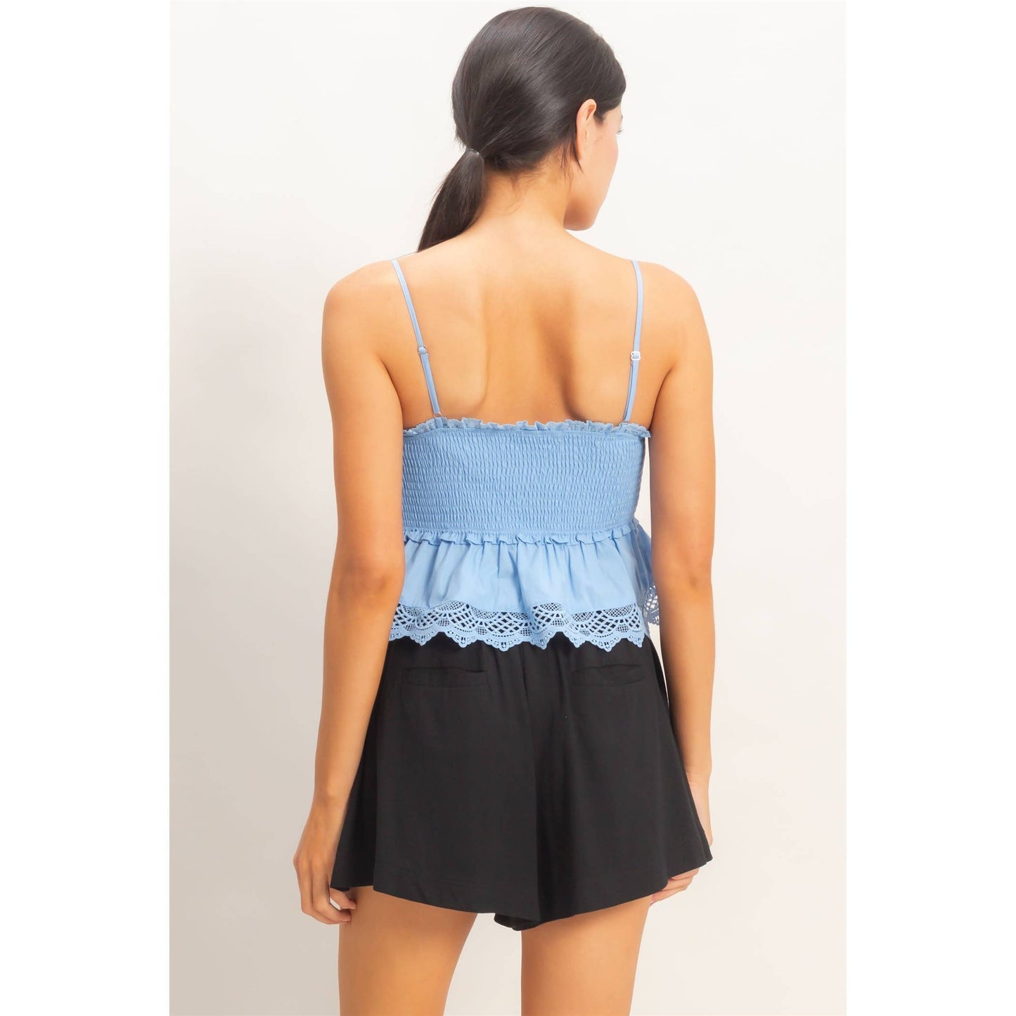 Smocked Peplum Top With Lace Trim: YELLOW / S-M-L(2-2-2)