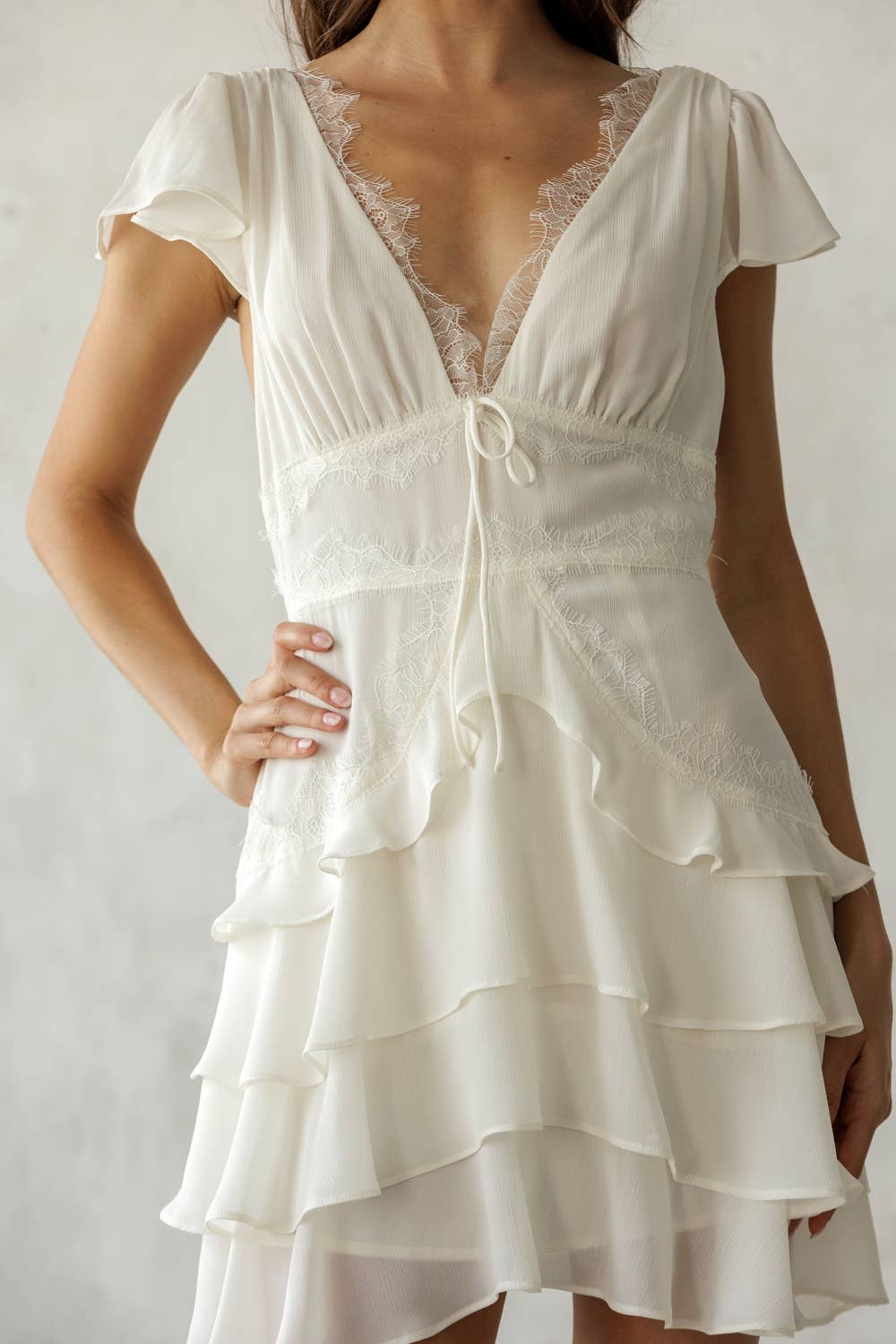 JD7934B- LACE TRIM TIERED MINI DRESS: IVORY / M