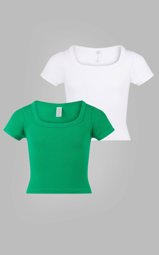 2 PACK - Girls Rib Seamless Square Neck T-Shirts: GOLF GREEN/WHITE