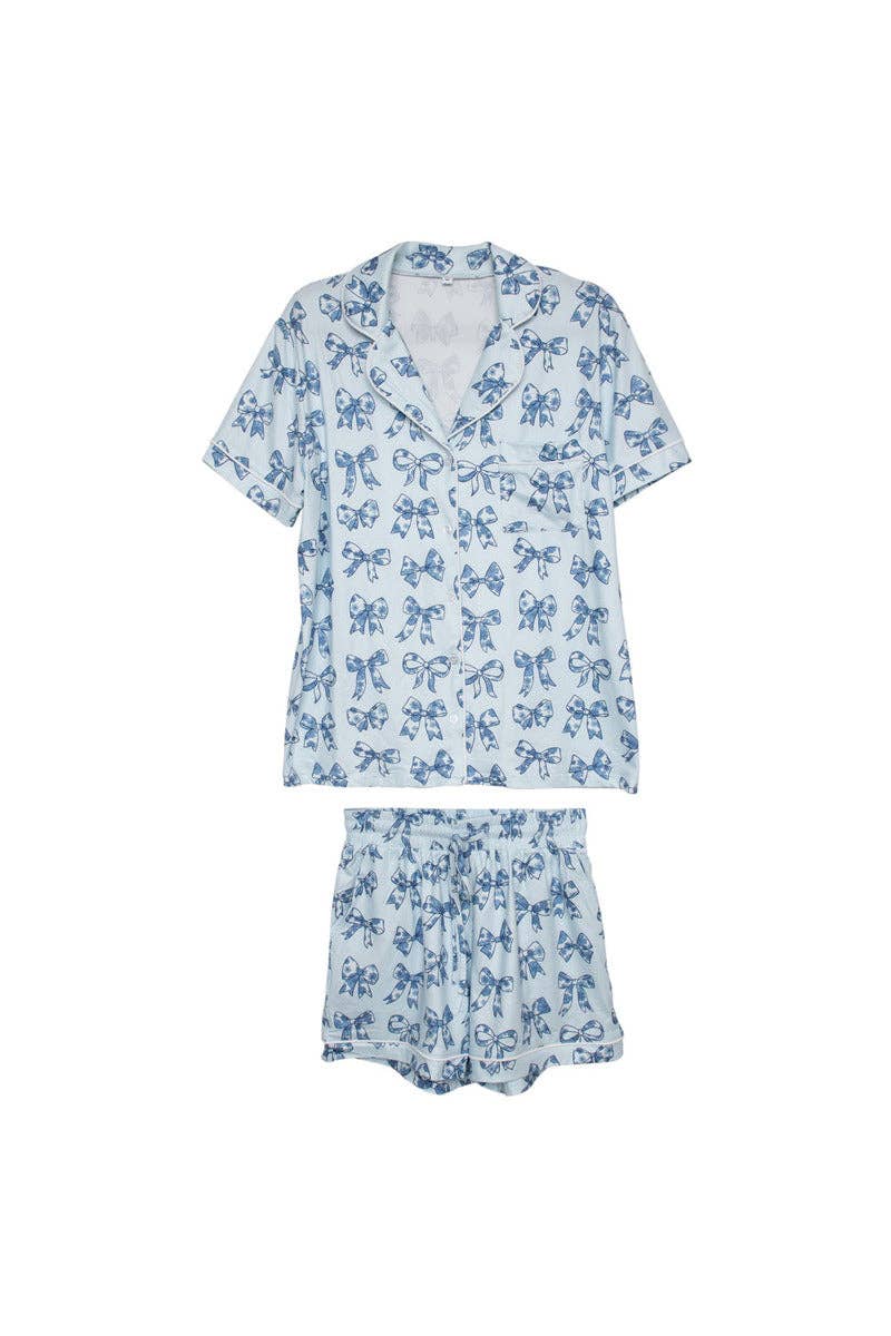Toile Print Coquette Bows Cute Pajamas: Light Blue / L